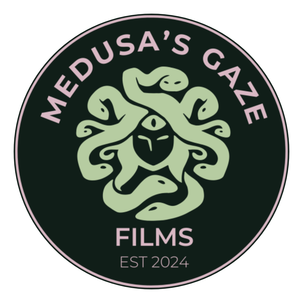 Circular logo for Medusa’s Gaze Films with a stylized Medusa head in light green on a dark background, surrounded by the text ‘Medusa’s Gaze Films, Est 2024’ in purple.